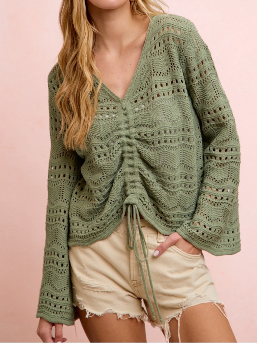 💚 Hello Gorgeous! BiBi Pointelle Knit V Neck Ruched Front Lightweight Top